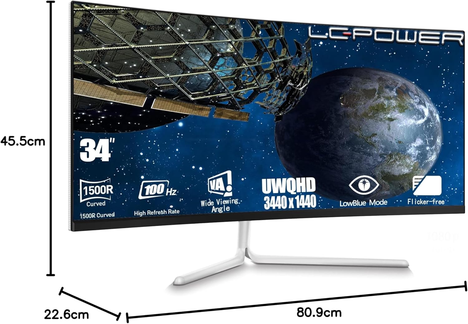 LC-Power LC-M34-UWQHD-100-C-V3 Gaming Monitor 34" Curved Ultra WQHD Display 21:9, 100Hz, 1500R, Adaptive Sync, VA, 1*HDMI, DP, DVI,AUX, schwarz weiß – Bild 8
