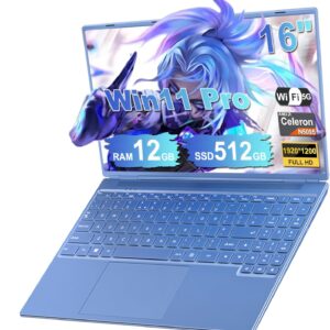 Laptop 16 Zoll 12GB RAM 512GB ROM Erweiterungen 2,5″ 1 TB SSD, Laptop Win 11 mit 4-Core CPU N5095 (bis zu 2,9 GHz), 1920 * 1200丨5G WiFi丨Bluetooth & Deutsche Tastatur Aufkleber-Blau