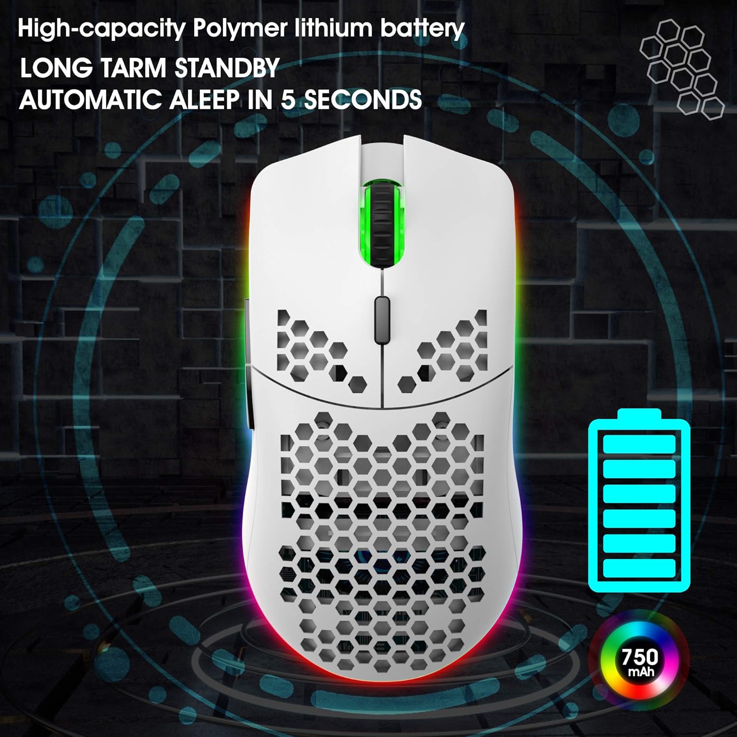Drahtlose Gaming Maus, 2,4G Superleichte Wabenschale Ergonomische RGB-Mäuse mit 750mAh Akku, Energiesparendes Design, 6 Tasten und Mini-USB-Empfänger für Windows, Mac OS, Laptop, Smart-TV(Weiß) – Bild 2