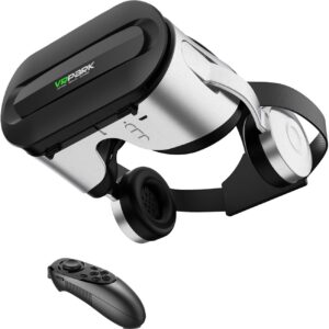 VR-Brille mit 3D-Surround-Kopfhörern, Kompatibel mit 5,5-6,7 Zoll iOS/Android Smartphones, Blaulichtschutz-Linsen, Bluetooth VR Headset, Mikrofonunterstützung, 360° Augenschutz (Weiß und Schwarz)