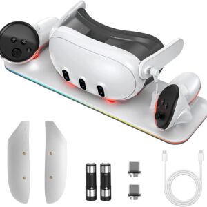 Olycism Ladestation kompatibel mit Meta Quest 3 Oculus Headset und kompatibel mit Meta Quest3 VR-Brille mit RGB-Licht, magnetische Kontakt-Ladestation mit 2 wiederaufladbaren Batterien, RGB-Licht