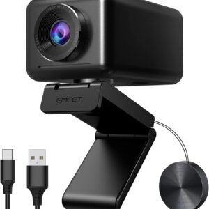EMEET 1080P HD Webcam, Streaming Webcam mit 4 De-Noise Mikros, Smart KI Fokus & Low-Light Korrektur, einstellbare FOV, Privacy Cover, Plug&Play USB-C Webcam für YouTube, Gaming Twitch, PC/Mac-Jupiter