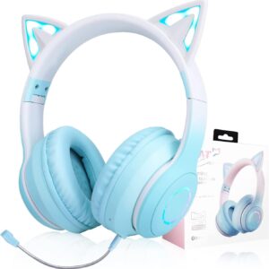 Bluetooth Kopfhörer Kinder, Katzenohren Kinder Kopfhörer mit LED Leucht, Kabellose Kinder Kopfhörer mit Kabel, Verstellbare Kopfhörer Over-Ear mit Mikrofon für Mädchen/Erwachsene/Tablet/iPad/Schule