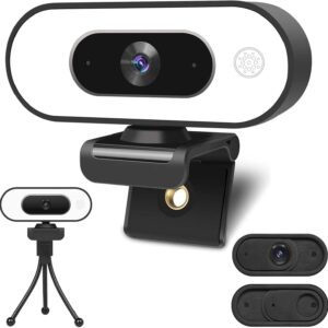 Webcam mit Ringlichtmikrofon – Streaming Web Kamera, 1080P Full HD Pro Kamera für PC Mac Laptop Desktop, USB Computer Webcam mit Privatsphäre Abdeckung und Stativ für Zoom Meeting Skype Teams Twitch
