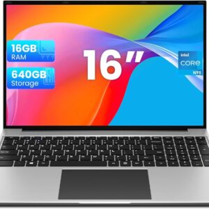 jumper Laptop 16 Zoll, 16 GB RAM 640 GB ROM, Notebook Bis zu 3,4 GHz, 4-Core N95 Prozessor, PC mit Nummerntastatur, Stereo Lautsprecher, WiFi, HDMI, 38Wh Akku, 1200p FHD IPS Display