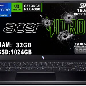 acer Nitro V 15 ANV15 – 51 – 99H6 Notebook Gaming, Prozessor Intel Core i9 – 13900H, RAM 32 GB DDR5, 1024 GB SSD, Display 15,6 Zoll FHD IPS 165 Hz LED LCD, Nvidia GeForce RTX 4060 8 GB, Windows 11 Pro