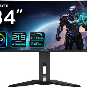 Gigabyte OLED WQHD Curved Gaming Monitor MO34WQC2-34 Zoll, 3440 x 1440, 240Hz, 0,03ms, KVM, 250 cd/m², FreeSync Premium Pro, DisplayHDR True Black 400, HDMI 2.1, Displayport 1.4
