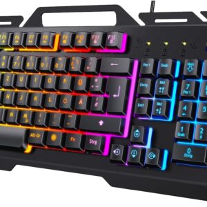 TedGem Gaming Tastatur, PC USB Kabelgebunden Tastaturs, 19 Schlüssel Anti-Ghosting mit Rainbow LED Beleuchtete, Handy Halter, Robust Metal Frame Für PC/Laptop/PS4/Xbox (Deutsches Layout)
