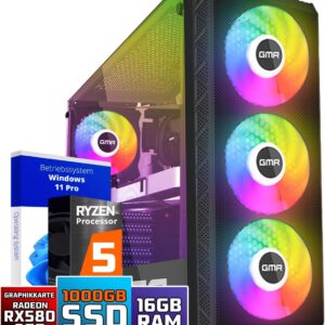 GMR Power Gaming PC – Ryzen 5 für Gamer | 3 Jahre Garantie | 16 GB RAM | 1000GB SSD | RX 580 Radeon | USB 3 | Windows 11 Prof | WiFi & Bluetooth