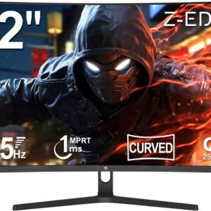 Z-Edge 32 Zoll QHD Curved Gaming Monitor 165Hz 1ms MPRT 2K 2560×1440 16:9 VA 1500R Curved Bildschirm, 280cd/m² Helligkeit, FreeSync, DisplayPort (165Hz) & HDMI (144Hz), Schwarz