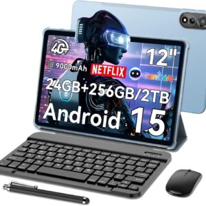 Blackview Mega2 Android 15 Tablet 12 Zoll mit Tastatur, 24GB RAM+256GB ROM, 2K FHD Großes Display Gaming Tablet, Dual 4G LTE+5G WiFi,Octa Core T615, 9000 mAh Akuu, WideVine L1,Dual Kamera,Face ID,GPS