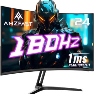 Amzfast Gaming Monitor Curved 24 Zoll – 180Hz, Full HD 1920×1080, 1ms MPRT, AMD FreeSync, sRGB 130% / DCI-P3 97%, HDMI 1.4 + DP 1.2, Blaulichtfilter, VESA 75×75, AMZG24C1