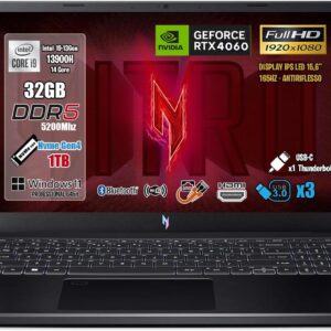 Acer Nitro V 15 PC Gaming Notebook Laptop i9-13900H, 32GB RAM DDR5, SSD 1TB, Disolay 15,6“ FULL HD IPS 165Hz, NVIDIA GeForce RTX 4060 (8GB GDDR6), RGB-Tastatur, Gaming Wi-Fi 6