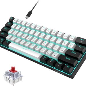 Snpurdiri 60% kabelgebundene mechanische Gaming-Tastatur, 61 Anti-Ghosting-Tasten, Blaue LED-Hintergrundbeleuchtung, ultrakompakte Zwei Ständer (Roter Schalter/Schwarz Weiß)