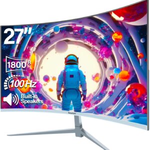 Gawfolk Curved Monitor 27 Zoll 100Hz mit Lautsprecher, 1800R Gebogen PC Bildschirm FHD 1080P, Weiß Computerbildschirm mit Eye Care Technologie HDMI VGA, unterstützt VESA
