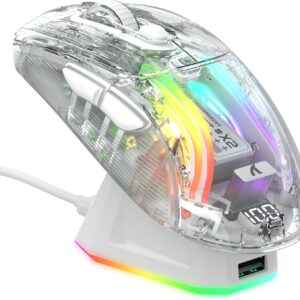 ATTACK SHARK X2 Pro Kabellose Gaming Maus mit Charging Station, Leise Maus Tri-Mode(BT5.0/2.4G Wireless/Typ-C), 4000 DPI RGB Bluetooth Maus Wiederaufladbare, Transparente Schale, für PC/MAC, Weiß