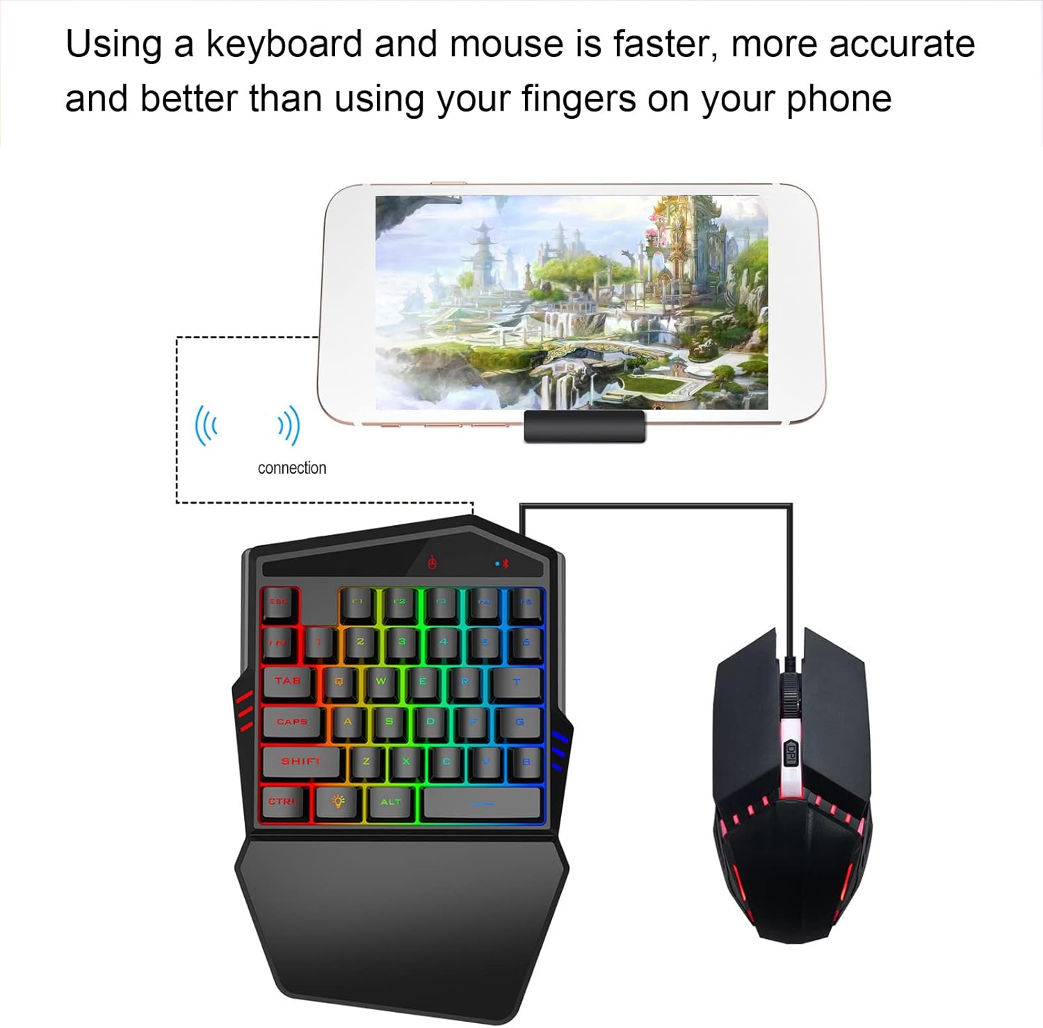 ciciglow Einhand-Gaming-Tastatur und Maus-Kombination, RGB-Hintergrundbeleuchtung, 35 Tasten, Mechanische -Gaming-Tastatur mit Handballenauflage für Android-Telefone, Tablets – Bild 7