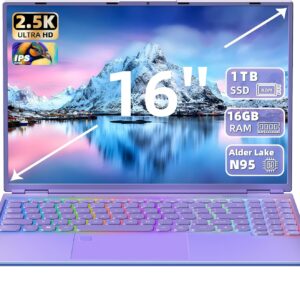 Fsjun 16″ Purple Laptop, 12th-gen Alder Lake N95 CPU, 2.5K QFH(2560×1600) IPS Screen, 16GB RAM 1TB SSD, Win11 Pro/Office19, Color Backlit KB, Fingerprint, Type-C, HDMI, WiFi (Lila, 16G+1TB)