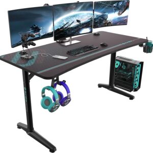 EUREKA ERGONOMIC Gaming Tisch 152×70cm Gaming Schreibtisch Großer Computertisch Ergonomischer PC Tisch Gamer mit Kopfhörerhaken, Getränkehalter für Home Office