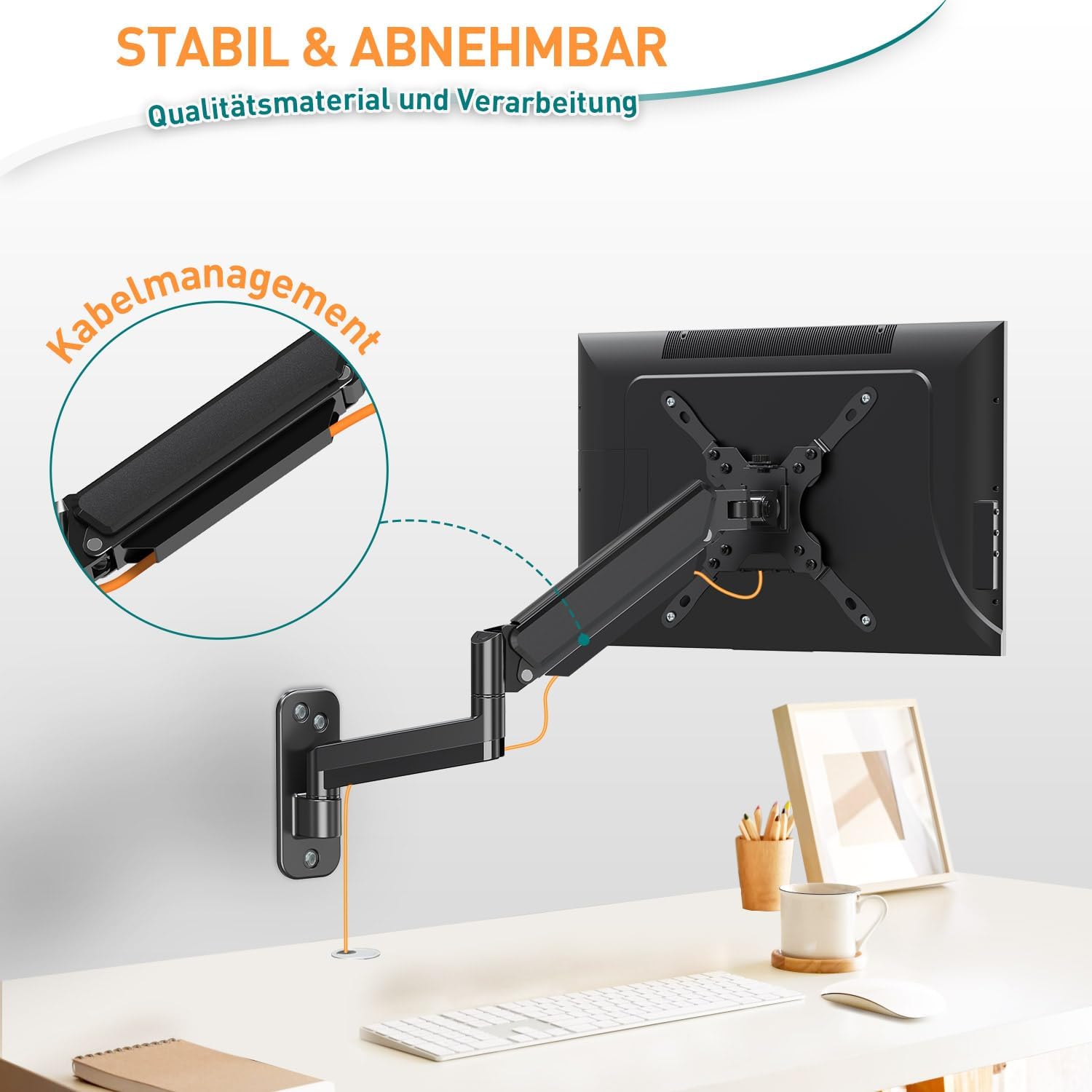 ELIVED Monitor Wandhalterung für Max. 35" Bildschirme bis zu 12kg, VESA 75/100/200mm, Gasdruckfeder PC Monitor Hatlerung Wand, Höhenverstellbar Monitorhalterung, Ultrawide Premium-Monitorarm EV6023 – Bild 6