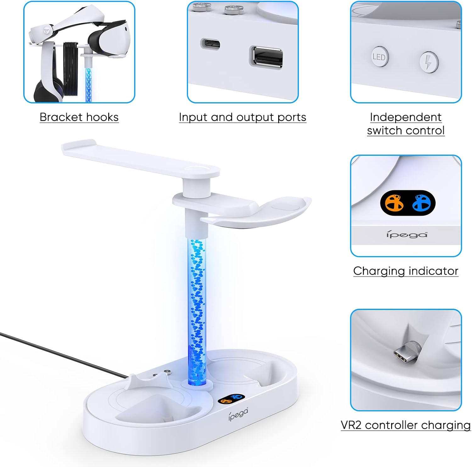 MENEEA VR2 Lade- & Aufbewahrungsständer für Playstation VR2 Controller mit bunter Lichtsäule, 4pcs Typ-C magnetischer Ladeanschluss, Duale Ladestation/VR-Headset-Halter/blendendes RGB-Licht für PSVR2 – Bild 3