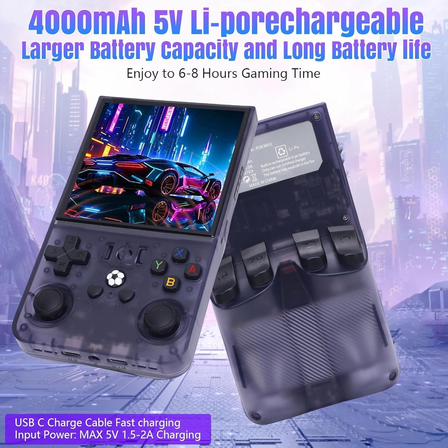 ASHATA R36MAX Retro Handheld Game Console, Linux System Translucent Grey 4,0 -Zoll -IPS -Bildschirm Retro Gaming -Konsole 4000mAh Doppel -Joysticks Portable Console Black 64 GB 128 GB (128G) – Bild 4