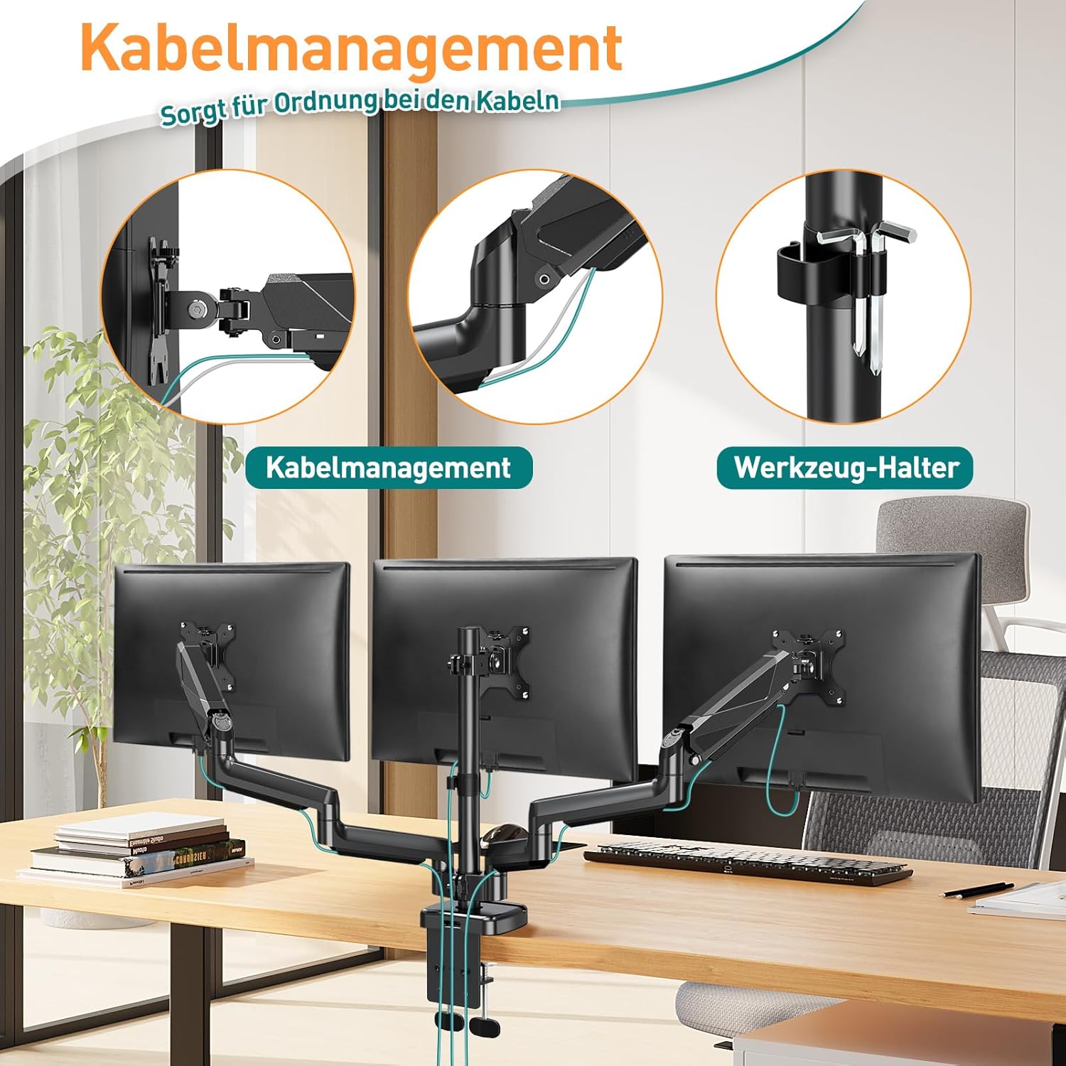 ELIVED Monitor Halterung 3 Monitore für 13-27 Zoll Bildschirme bis zu 9kg mit VESA 75/100, Gasdruckfeder 3 Monitorhalterung, Neigbar Schwenkbar Drehbar Höhenverstellbar Monitor Arm EV006 – Bild 4