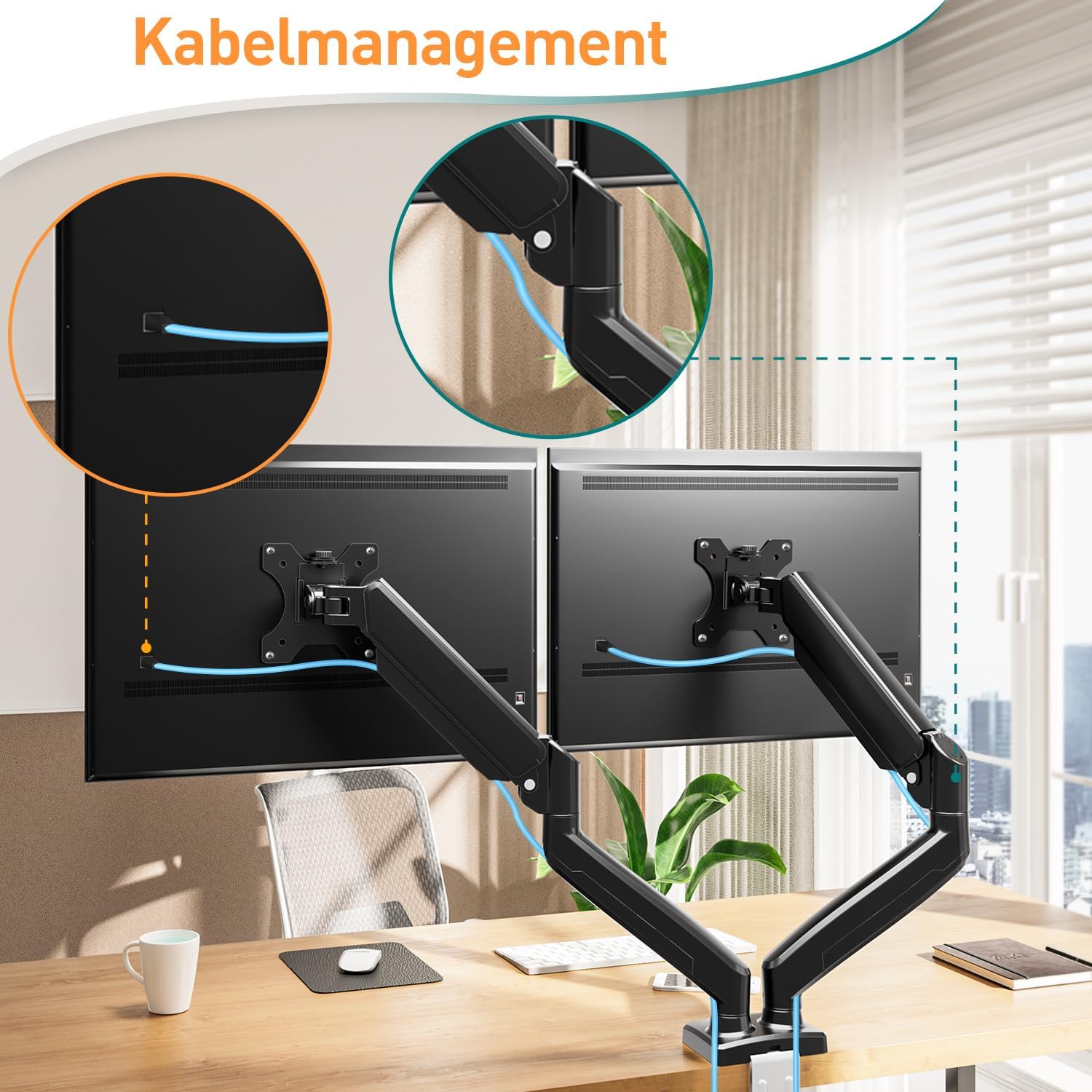 ELIVED Monitor Halterung 2 Monitore für 13-32 Zoll Bildschirme mit VESA 75/100, Gasdruckfeder 2 Monitorhalterung neigbar 180° schwenkbar 180°, Drehbar 360°, Höhenverstellbar Monitor Arm, 9kg/Arm – Bild 7