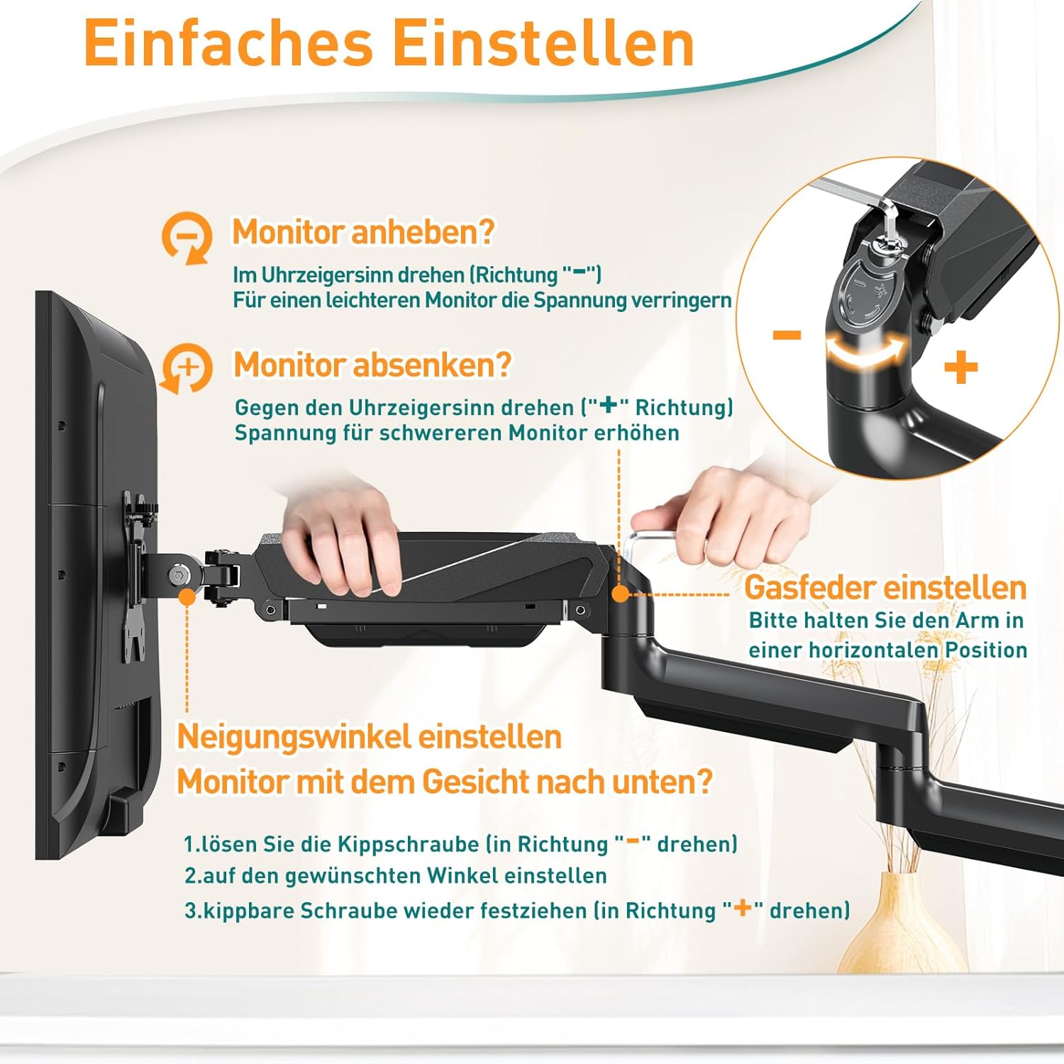 ELIVED Monitor Halterung 3 Monitore für 13-27 Zoll Bildschirme bis zu 9kg mit VESA 75/100, Gasdruckfeder 3 Monitorhalterung, Neigbar Schwenkbar Drehbar Höhenverstellbar Monitor Arm EV006 – Bild 5