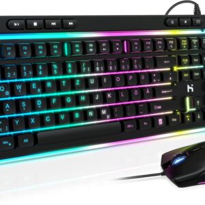 HLONONE Gaming Tastatur und Maus Set, Regenbogen LED Hintergrundbeleuchtung, USB Verkabelt, Ergonomische Tastatur für PC Gamer und Büro, QWERTZ DE Layout -Schwarz