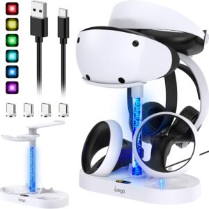 Ladestation für PS VR2 mit RGB-Licht, vertikale Ladeständer Dock Unterstützung für PSVR2 Headset Display, Halter Zubehör für Playstation VR2 mit 4 Typ-C magnetische Adapter für Sense Controller