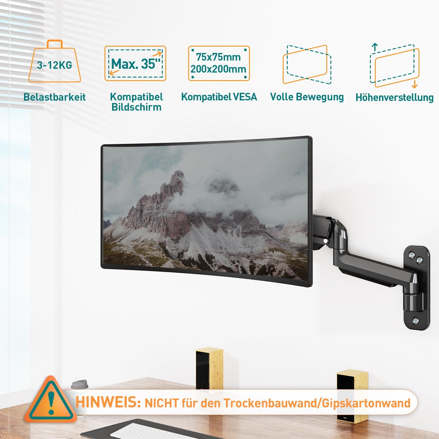 ELIVED Monitor Wandhalterung für Max. 35" Bildschirme bis zu 12kg, VESA 75/100/200mm, Gasdruckfeder PC Monitor Hatlerung Wand, Höhenverstellbar Monitorhalterung, Ultrawide Premium-Monitorarm EV6023 – Bild 2