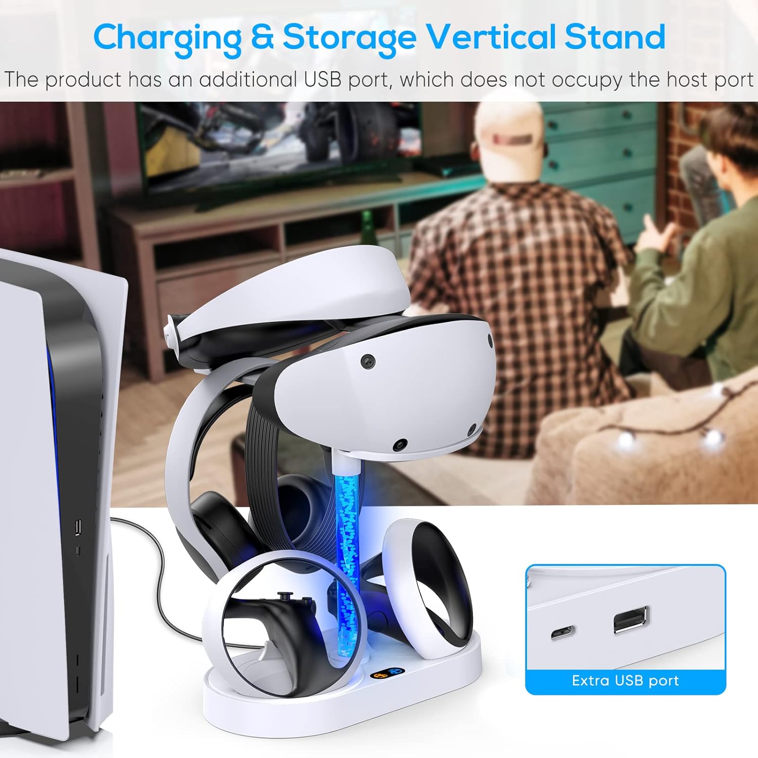 MENEEA VR2 Lade- & Aufbewahrungsständer für Playstation VR2 Controller mit bunter Lichtsäule, 4pcs Typ-C magnetischer Ladeanschluss, Duale Ladestation/VR-Headset-Halter/blendendes RGB-Licht für PSVR2 – Bild 8