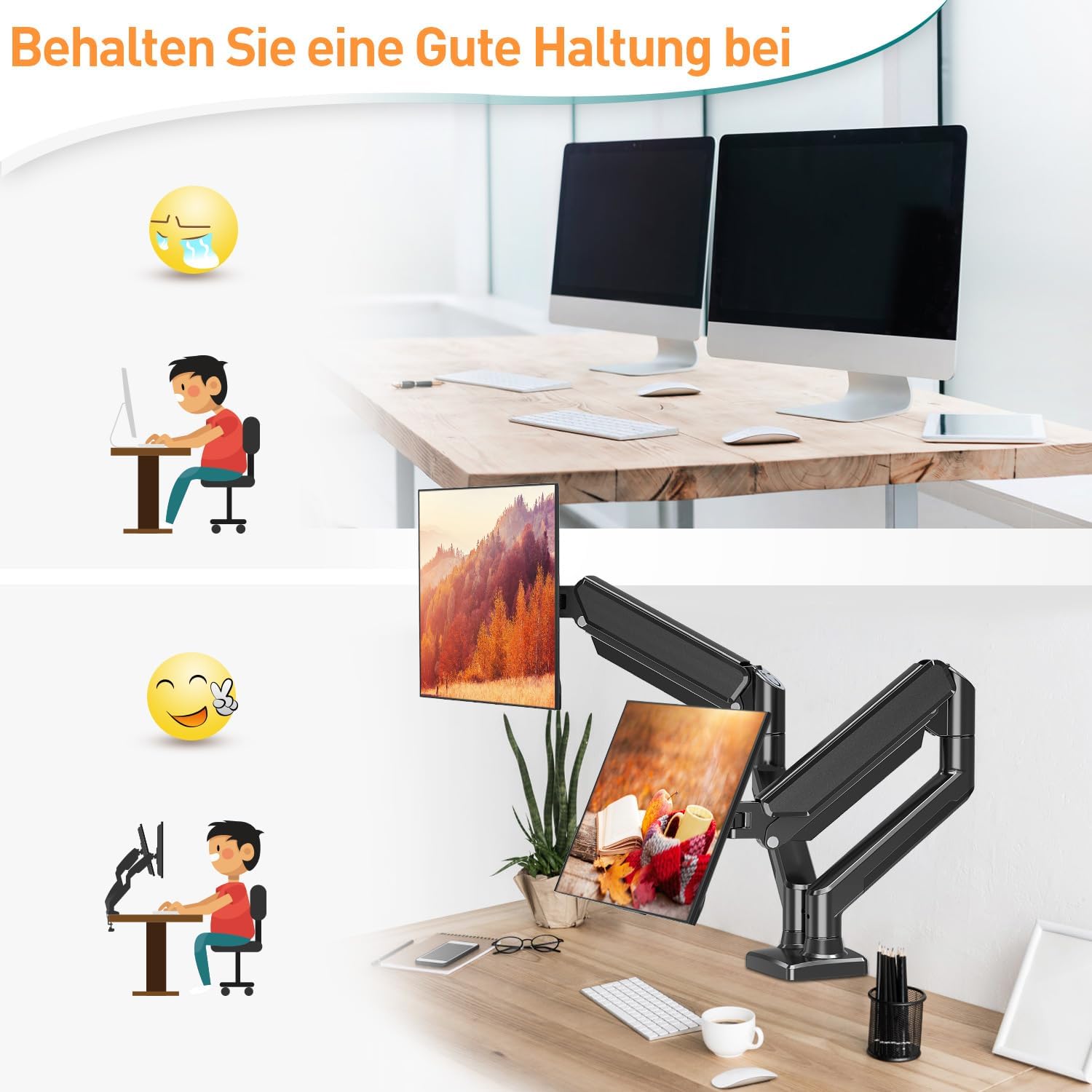 ELIVED Monitor Halterung 2 Monitore für 13-32 Zoll Bildschirme mit VESA 75/100, Gasdruckfeder 2 Monitorhalterung neigbar 180° schwenkbar 180°, Drehbar 360°, Höhenverstellbar Monitor Arm, 9kg/Arm – Bild 6