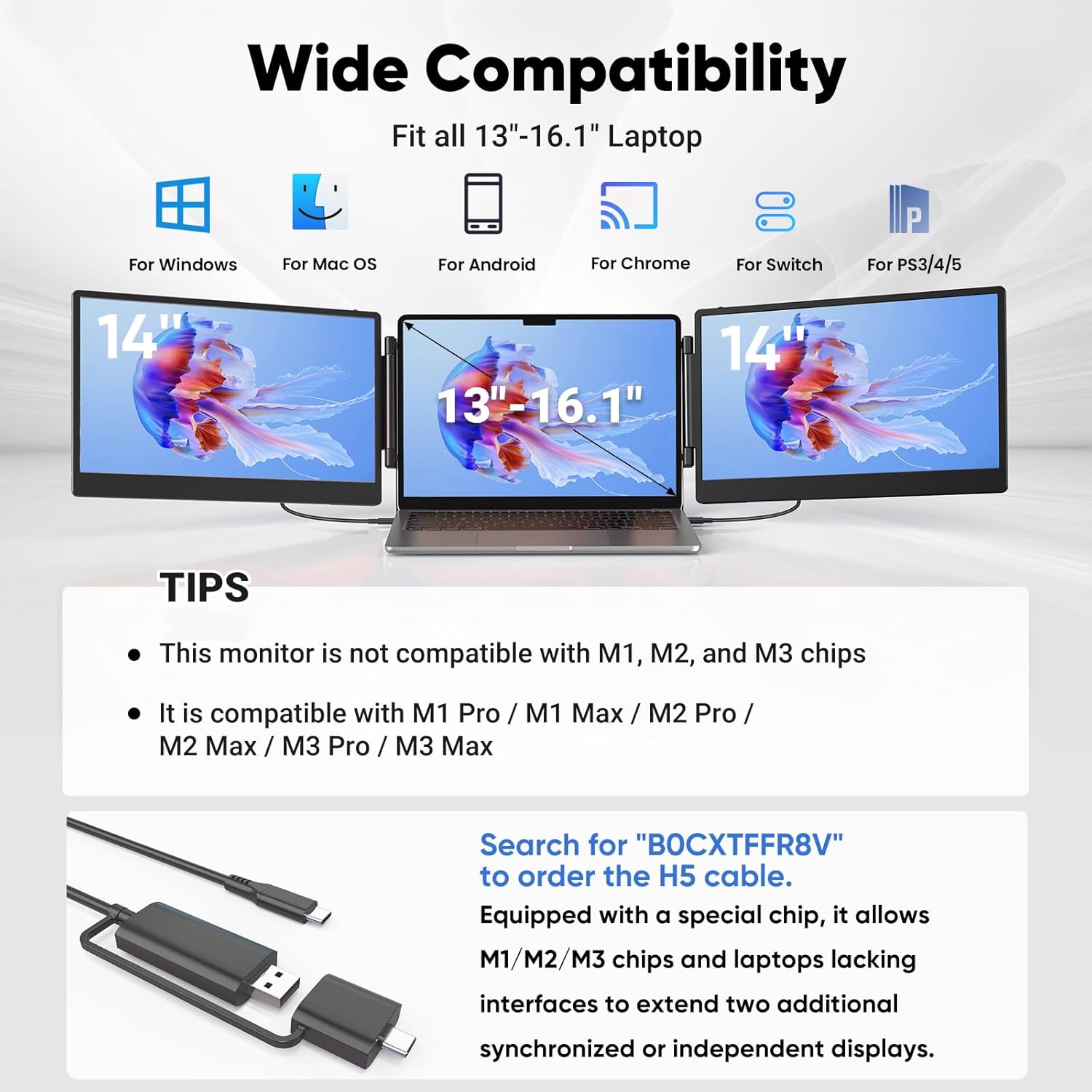 Cevaton Laptop Bildschirm Extender, 14 ”FHD 1080p IPS Tragbarer Monitor für 13-17,3", Stecker und Spielen Sie Laptop-Monitor, Laptop-Bildschirmverlängerung kompatibel mit MAC, Siegen, Dex, Chrome – Bild 5