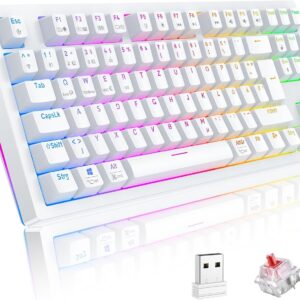 TECURS Mechanische Tastatur – Gaming Tastatur Kabellos Programmierbare 80% TKL QWERTZ mit Rote Schalter, RGB-Beleuchtung, Multimedia-Tasten, Mechanical Keyboard für PC/PS4/PS5, Weiß
