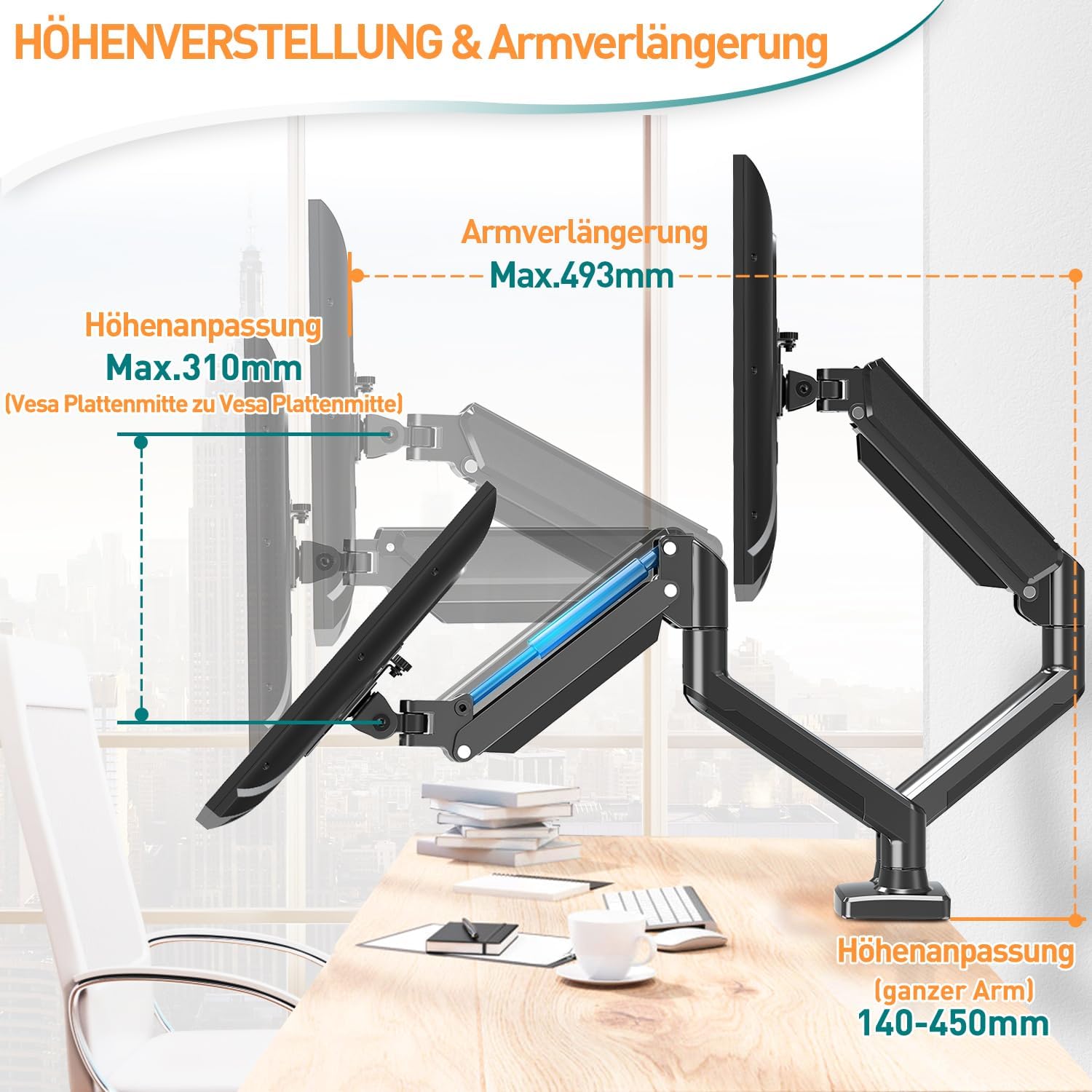 ELIVED Monitor Halterung 2 Monitore für 13-32 Zoll Bildschirme mit VESA 75/100, Gasdruckfeder 2 Monitorhalterung neigbar 180° schwenkbar 180°, Drehbar 360°, Höhenverstellbar Monitor Arm, 9kg/Arm – Bild 3