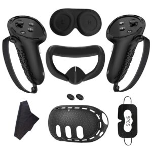 7 teiliges Set für Meta Quest 3 Zubehör,Anti-Scratch VR Shell Cover,Gesichtsabdeckung,Tastenwippenkappen,Objektiv Schutzabdeckung,Wischtuch,Augenmaske,VR Zubehör kompatibel mit Quest 3,Schwarz