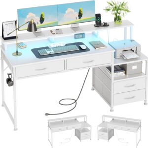 CAIYUN Computerschreibtisch mit 4 Schubladen & integrierten Steckdosen – Reversibler Schreibtisch für Home-Office, Gaming-Tisch mit Monitor- & Druckeraufsatz, LED-Licht fürs Schlafzimmer (Weiß)