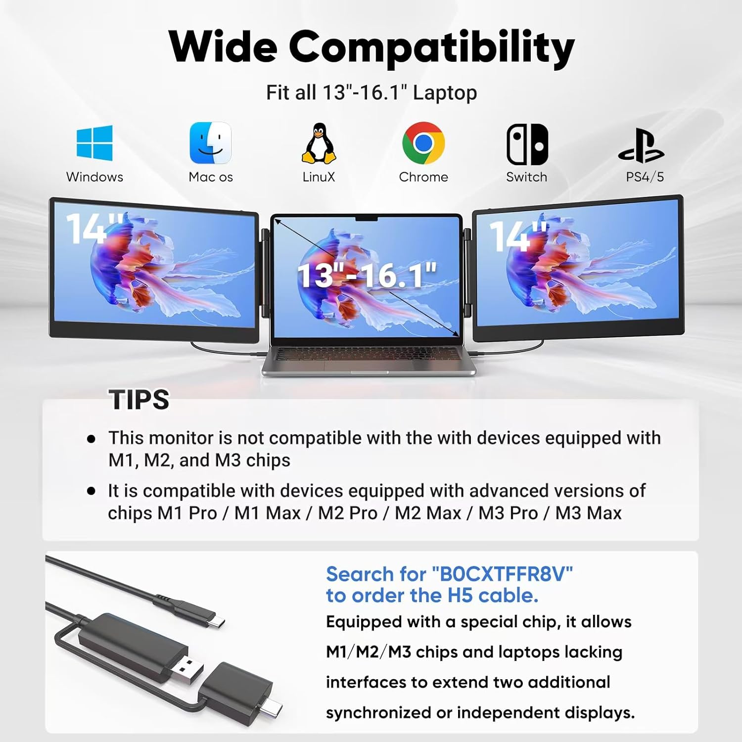 Cevaton Laptop Bildschirm Extender, 14 ”FHD 1080p IPS Tragbarer Monitor für 13-17,3", Stecker und Spielen Sie Laptop-Monitor, Laptop-Bildschirmverlängerung kompatibel mit MAC, Siegen, Dex, Chrome – Bild 7