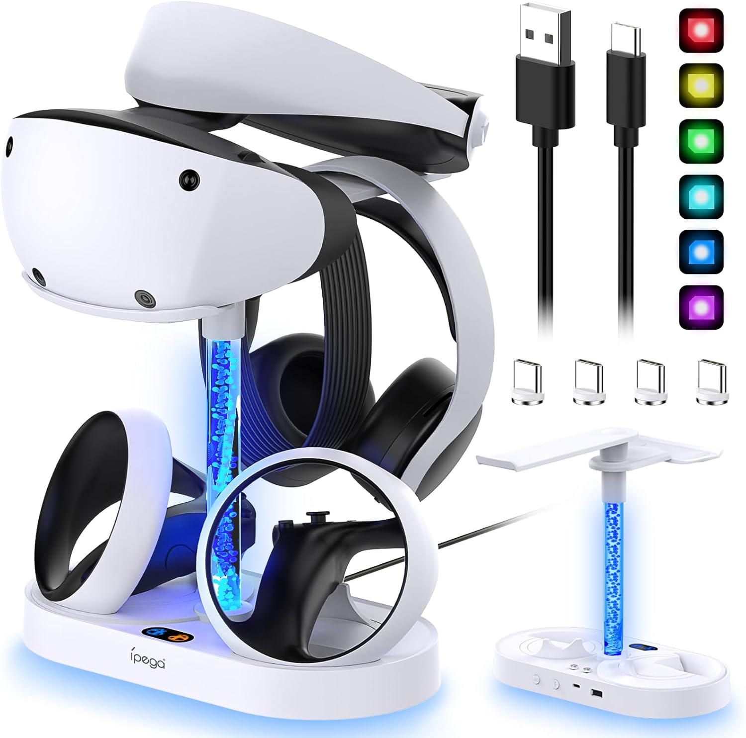 MENEEA VR2 Lade- & Aufbewahrungsständer für Playstation VR2 Controller mit bunter Lichtsäule, 4pcs Typ-C magnetischer Ladeanschluss, Duale Ladestation/VR-Headset-Halter/blendendes RGB-Licht für PSVR2