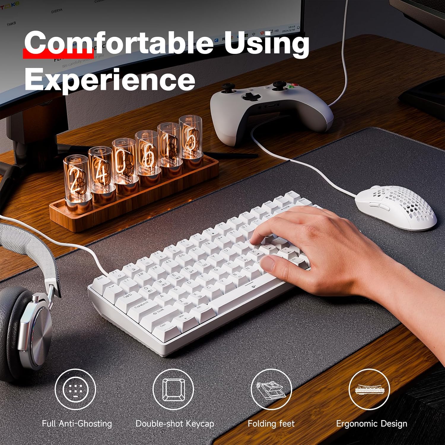 TMKB T84SE Gaming Tastatur, QWERTY US Layout, 84 Tasten Mechanische Tastatur mit Blaue LED, N-Key Rollover Red Switch Keyboard für PC Windows/Mac OS, Weiß – Bild 5