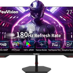 FeuVision 27 Zoll Gaming Monitor, 180Hz, FHD 1080p PC Monitor, 1ms, IPS Panel, FreeSync, Adaptive-Sync, VESA montierbar, Eye-Care, 100% sRGB, Rahmenlos Bildschirm, HDMI*2, DP*2