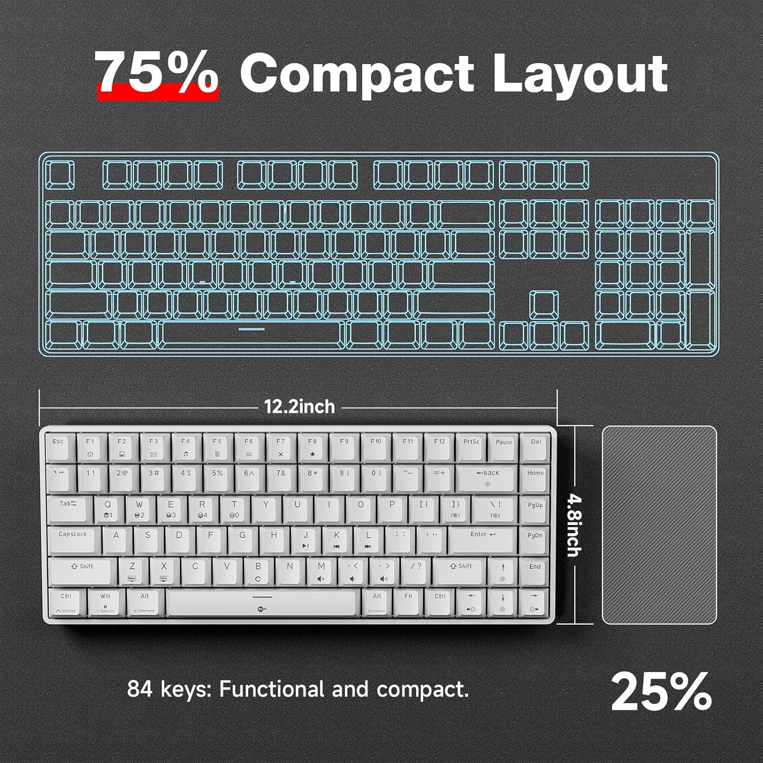 TMKB T84SE Gaming Tastatur, QWERTY US Layout, 84 Tasten Mechanische Tastatur mit Blaue LED, N-Key Rollover Red Switch Keyboard für PC Windows/Mac OS, Weiß – Bild 3