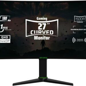 Aryond A27 V2 Gaming Curved Monitor, 27 Zoll 180Hz Curved QHD (2560×1440) Display 1ms Reaktionszeit, HDR 10-Verhältnis FreeSync und G-Sync 119,9% SRGB, PC Bildschirm, HDMI Anschluss