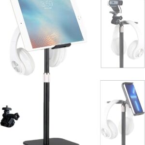Tentucro Tablet Ständer Webcam Ständer mit Kopfhörerhalter, Schreibtisch Höhenwinkel Einstellbare Wiege Halterung für iPad, iPhone, Switch, Tab (4-12,9″), Logitech Webcam C930 C920 (1/4“), usw.