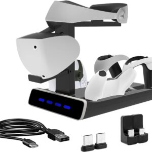 Ladestation für PS VR2, 5 in 1 Ladestation Ständer für VR2 2 Headset & Sense Controller, Ladedock Ständer mit LED Licht, Playstation VR2 Zubehör (mit Kopfhörerhalterung)