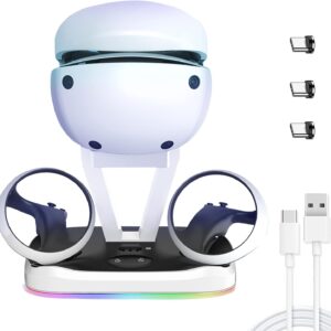 Ladestation für PS5 VR2 Controller, Schnellladeständer Magnetische Schnittstelle für VR2 Playstation mit Headset Ständer & RGB-Beleuchtung & USB C Kabel & 3 Magnetischer Typ C Stecker