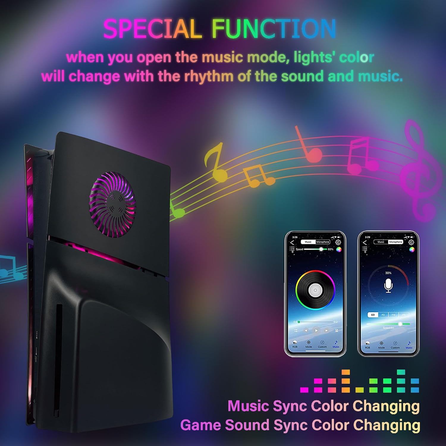 Faceplate für PS5 Slim Disc Edition mit RGB Light Strip und Staubfilter, DOBEWINGDELOU 400+ Effekte LED Licht Konsole Seitenplatten Platte Cover DIY Dekoration Kit Zubehör Schwarz – Bild 5