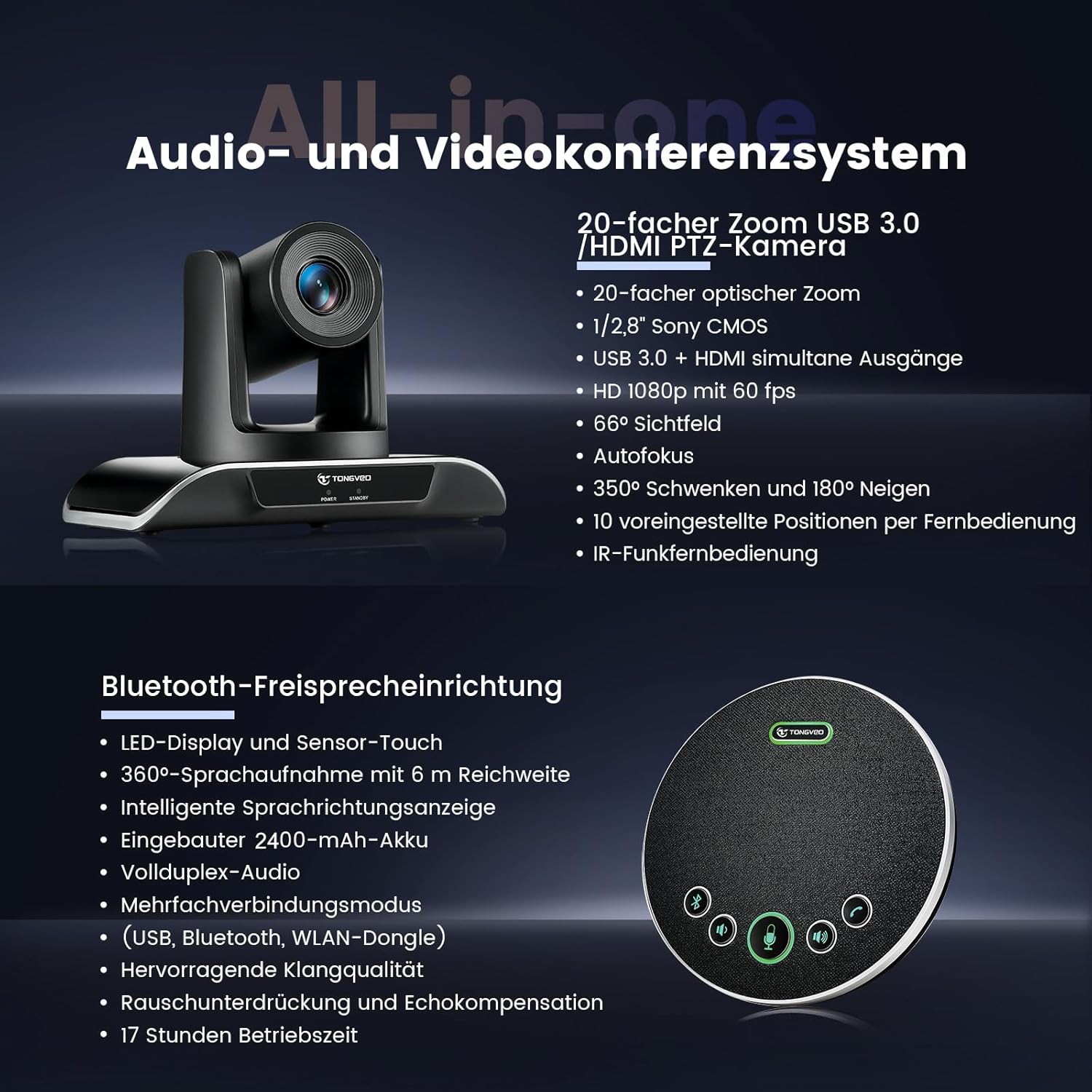 TONGVEO 20-facher Zoom Konferenzraum-Kamerasystem, Video und Audio konferenzsystem 20-facher optischer Zoom USB 3.0 HDMI PTZ-Kamera und Konferenzlautsprecher mit Mikrofon für große Besprechungsräume – Bild 2